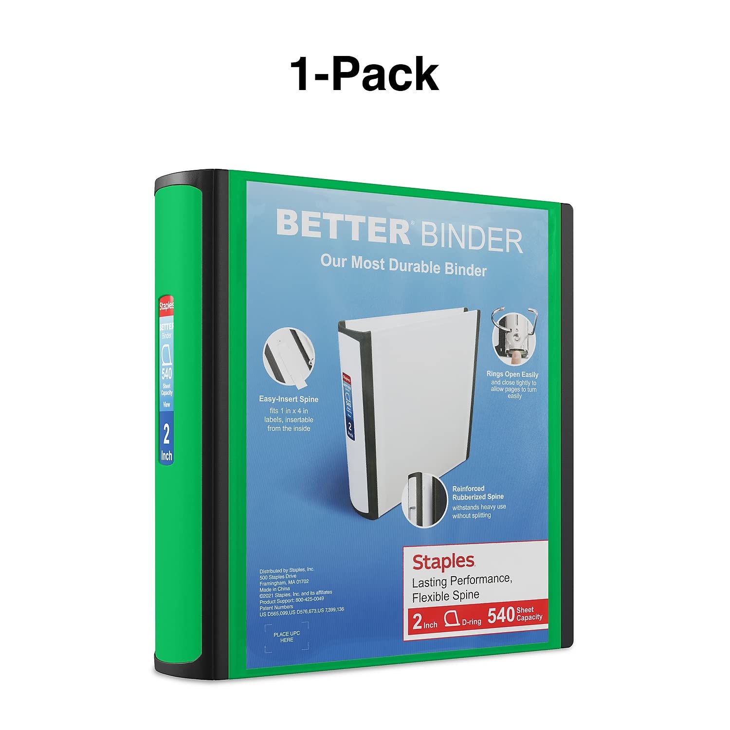 Staples Heavy-Duty 2-Inch D-Ring Binder, Green, Holds 540 Sheets
