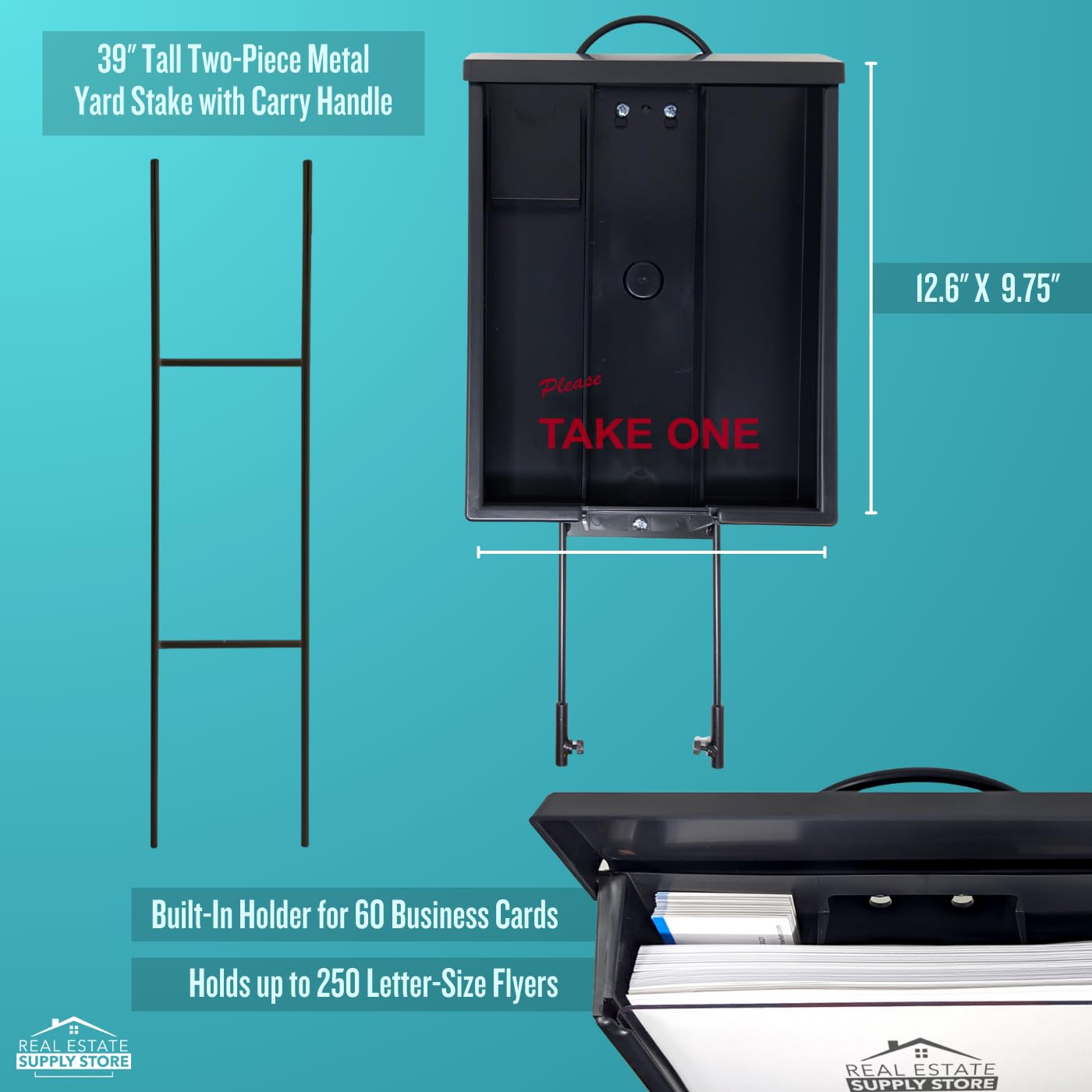 Outdoor Real Estate Brochure Box with Portable Two-Piece Metal Yard Stand Holds 250 Flyers, 60