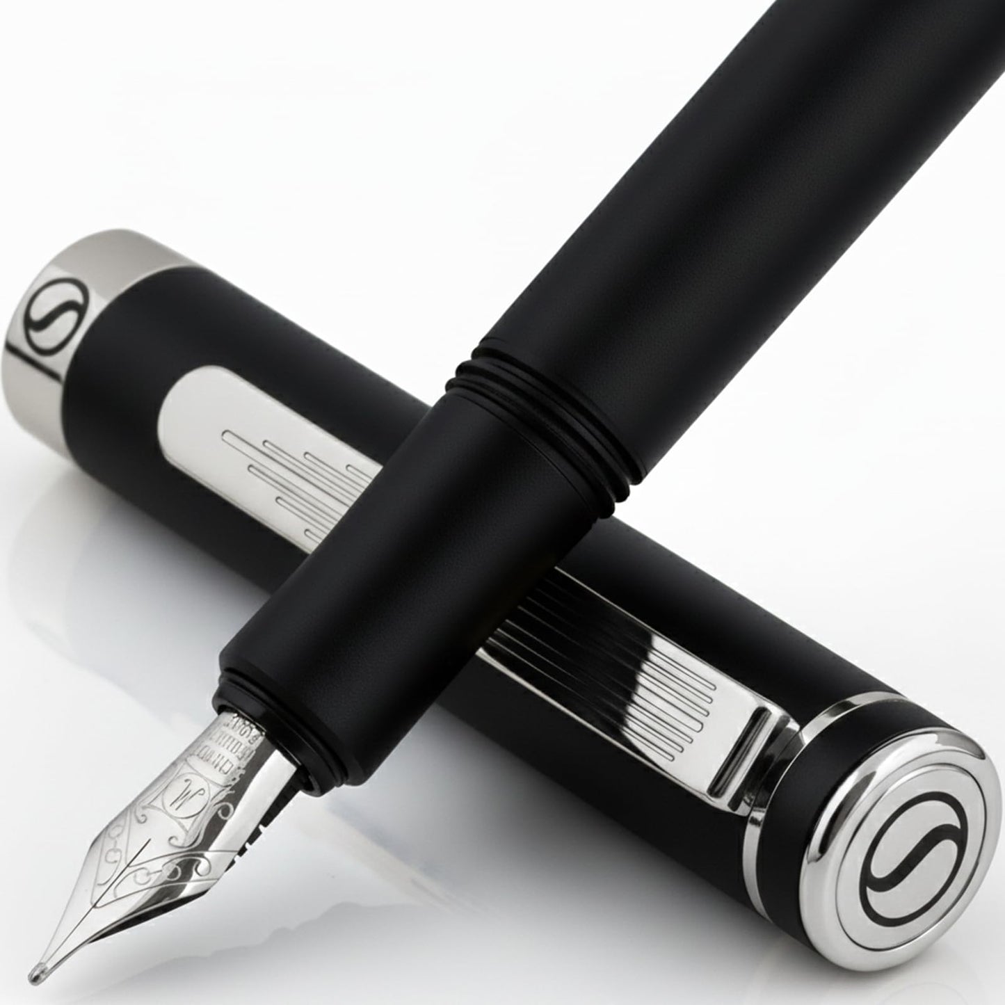 Scriveiner Luxury Fountain Pen - Medium Matt Black With Chrome Finish, Schmidt German Nib