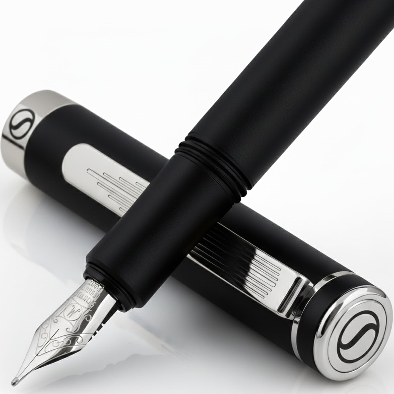 Scriveiner Luxury Fountain Pen - Medium Matt Black With Chrome Finish, Schmidt German Nib