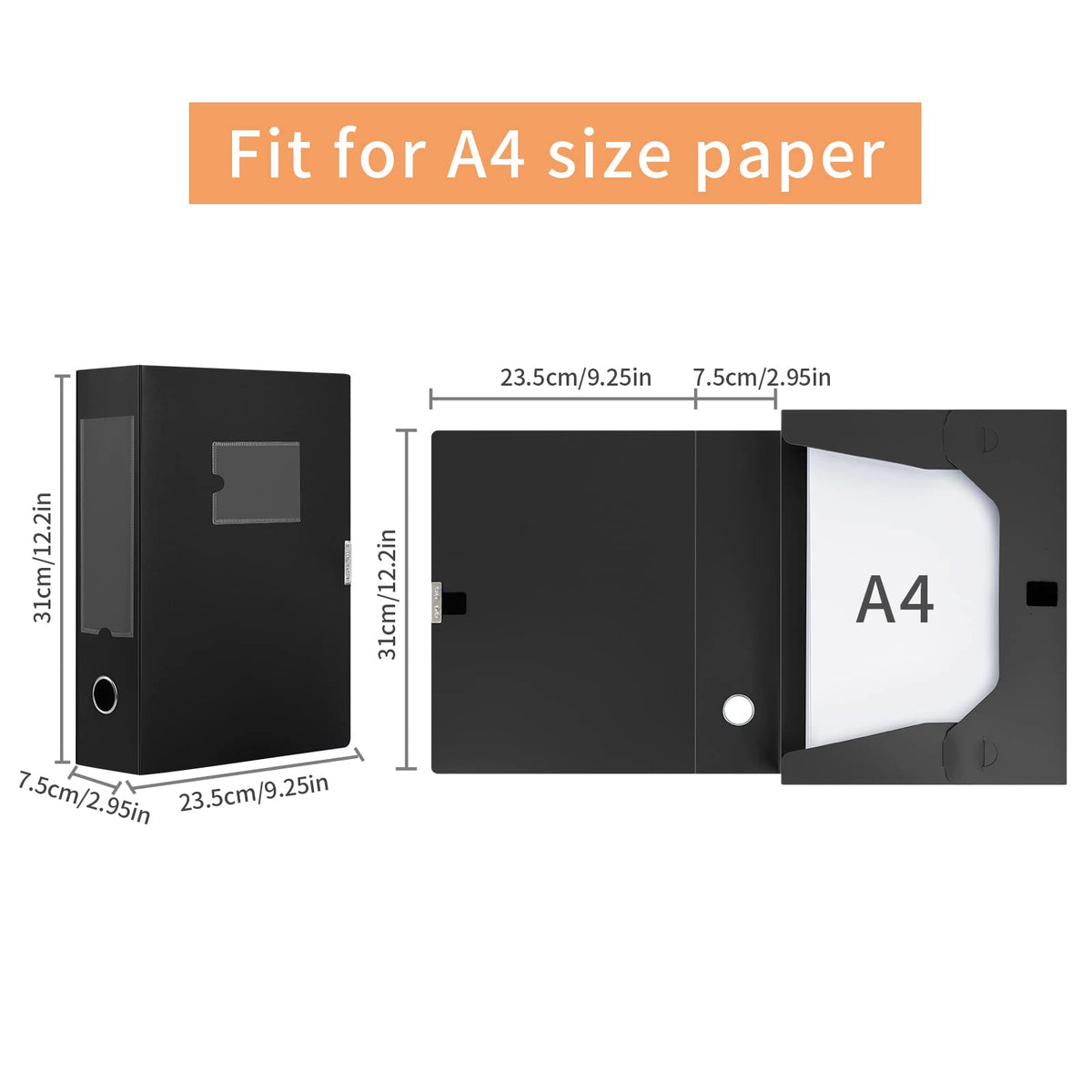 HUA JIE 6 Pack A4 Storage File Boxes Plastic Archives Cases with Lid,Black