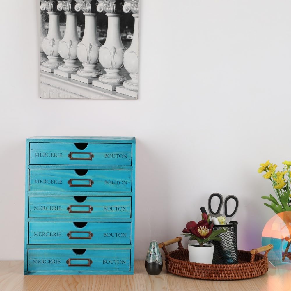 BoxSkivra Small Wooden Drawers Wooden Box with Drawer, Blue 5 Wood Drawer