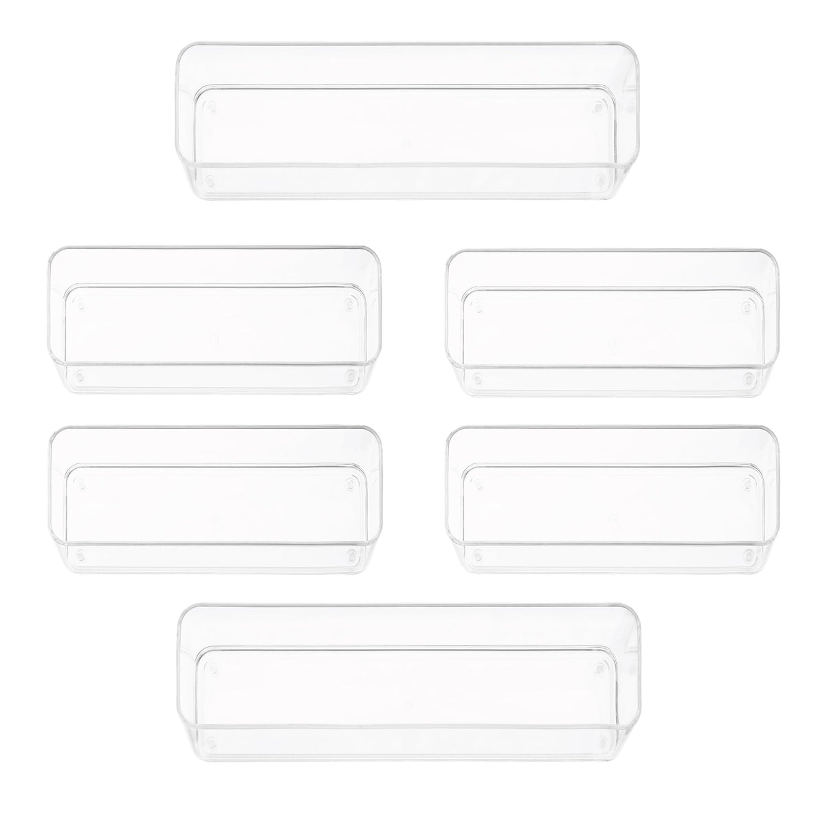 primebox Six Pcs. Plastic Clear Drawer Organizers. Stackable Storage Trays for Kitchen Utensils and