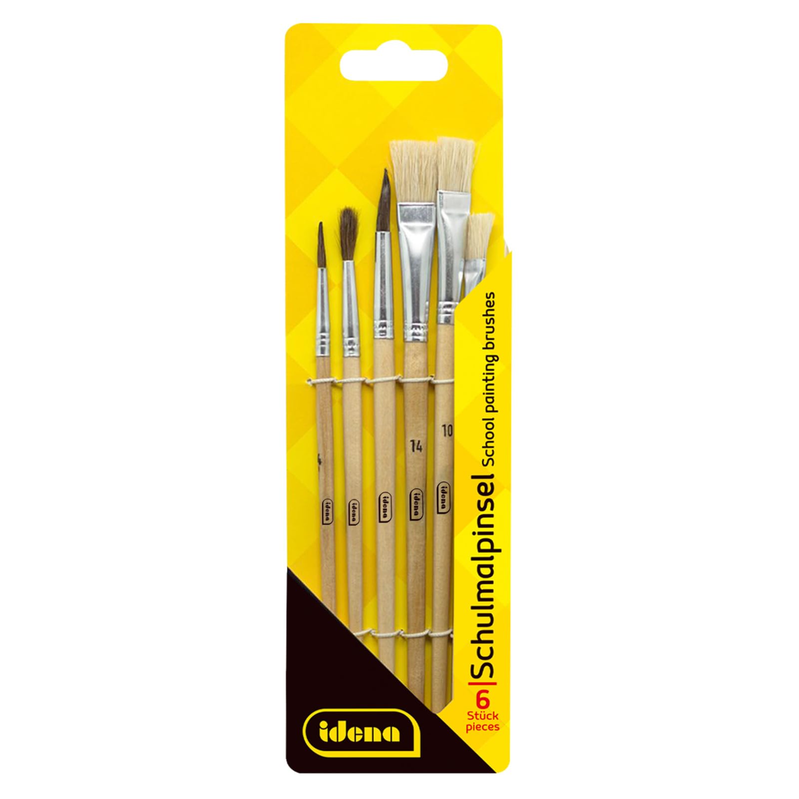Idena 60104 School Brush, FSC 100%, in 6 Sizes, 3 Round Brushes & 3 Bristle Brushes, Unpainted