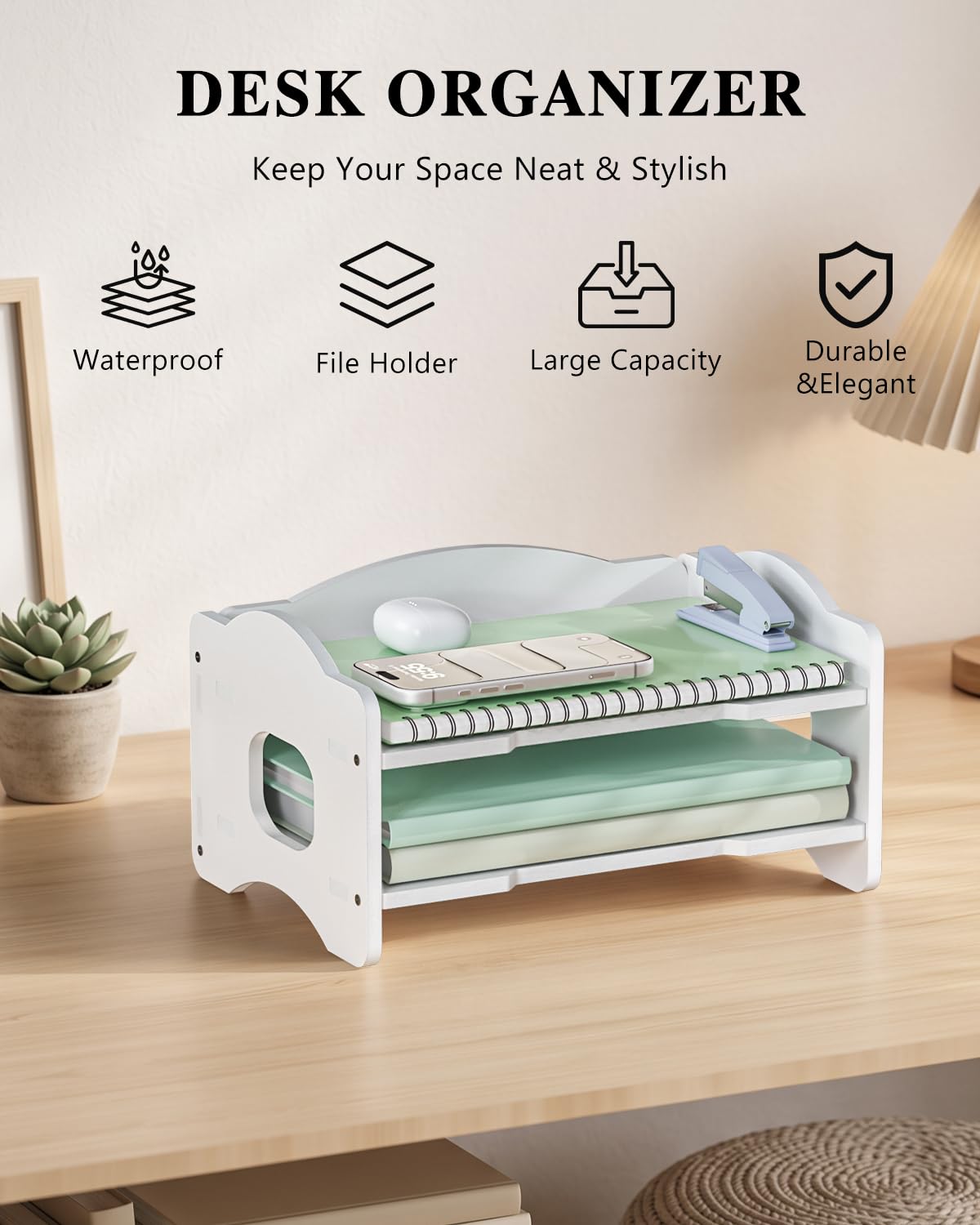 WALI Desk File Organizer, 2 Tier Stackable Desktop Paper Letter Tray Organizer with Handle, Office