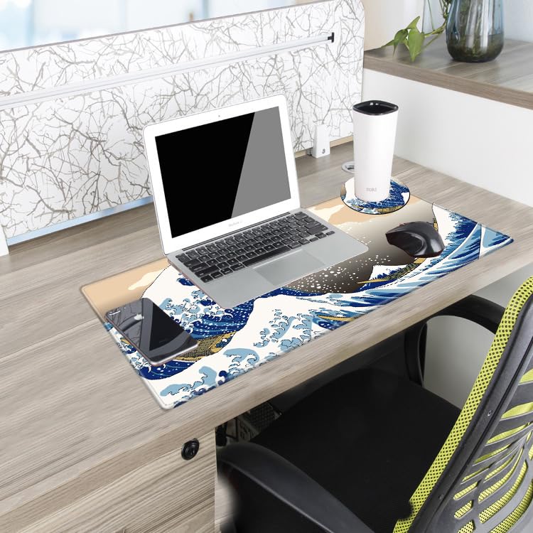 Gaming Mouse Pad Japanese Sea Wave Mousepad 24x12 Desk Pad XL Ocean Desk Mat Long Extended Computer