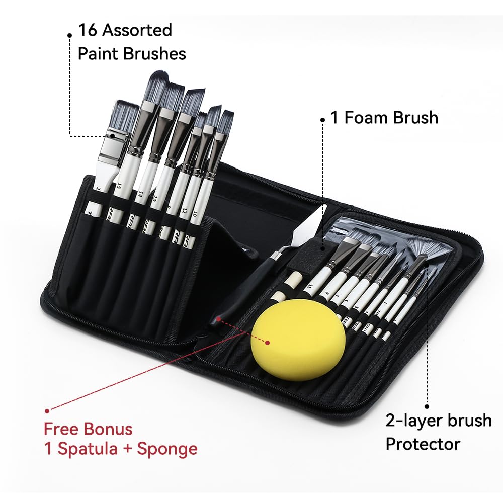 Transon 20Pcs Art Paint Brush Kit with Storage Case, 16 Brushes + Foam Brush Spatula Sponge for