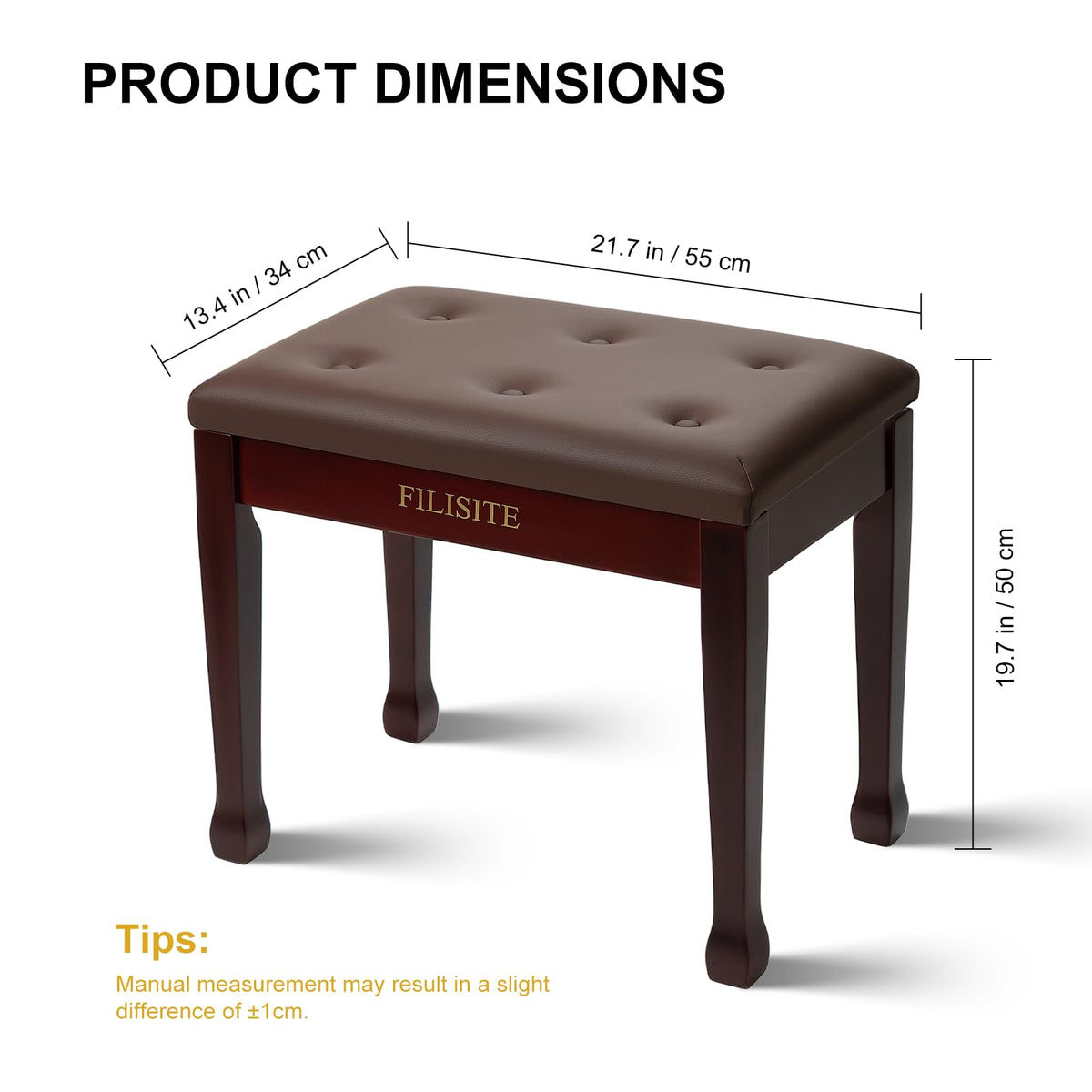 FILISITE Wooden Piano Bench with Storage, Piano Stool with Waterproof Padded Cushion, Bench Seat