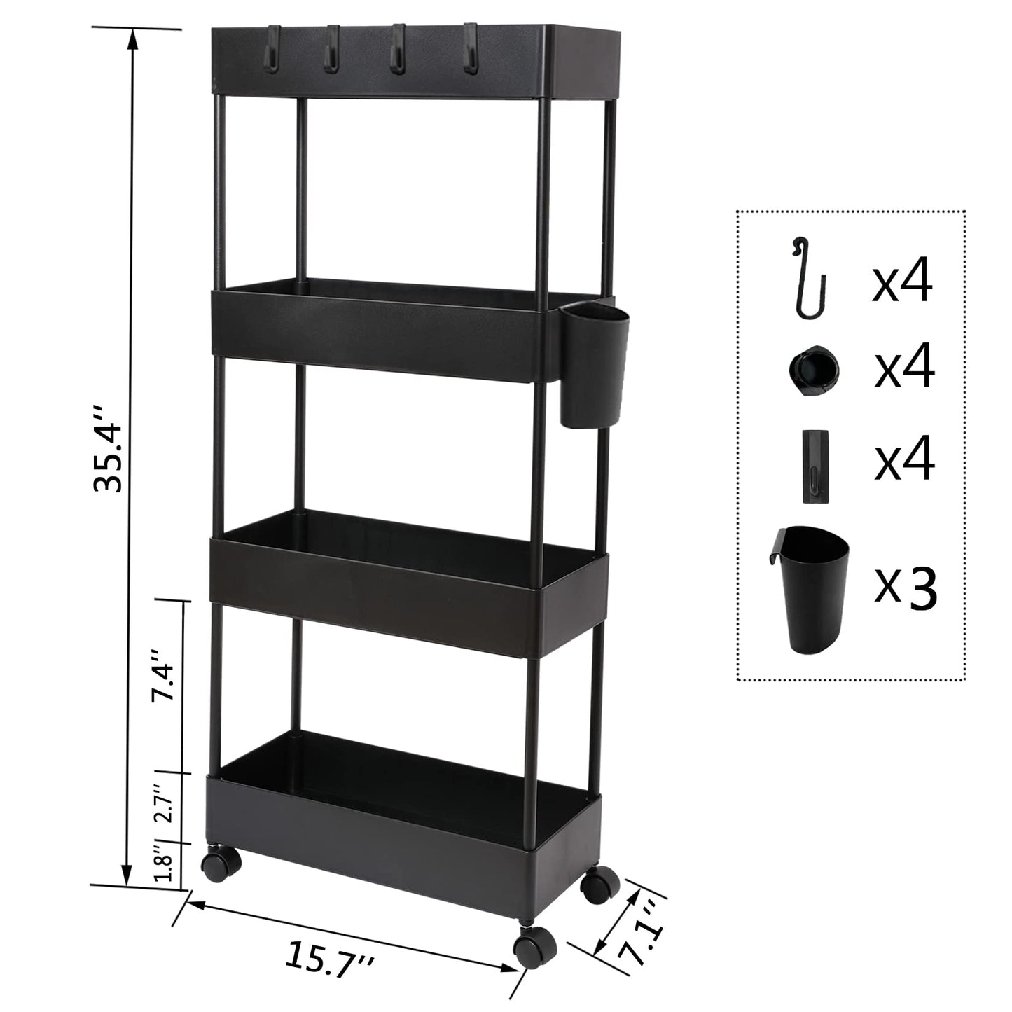 AYVANBER 4 Tier Slim Rolling Utility Kitchen Cart Bathroom Organizer for Narrow Places Multipurpose