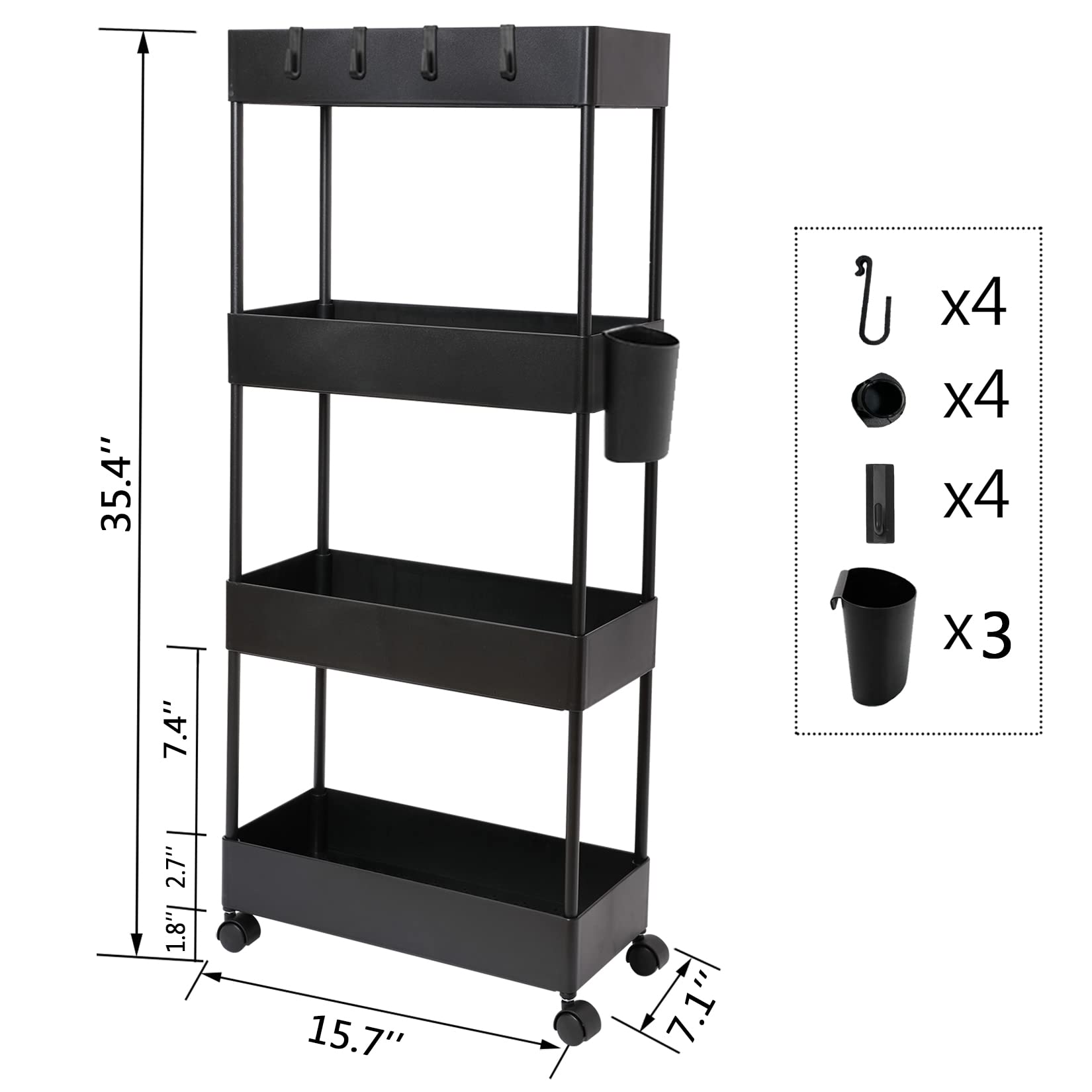 AYVANBER 4 Tier Slim Rolling Utility Kitchen Cart Bathroom Organizer for Narrow Places Multipurpose