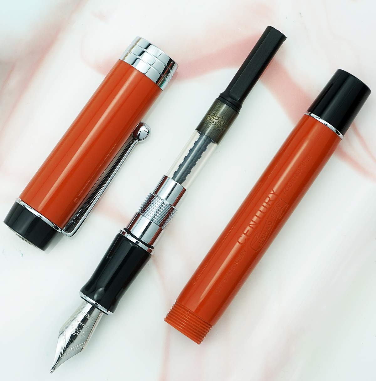 Jinhao Classic Fountain Pen Orange Red with Jinhao Stamp, Celluloid Silver Trim, Fine Nib with