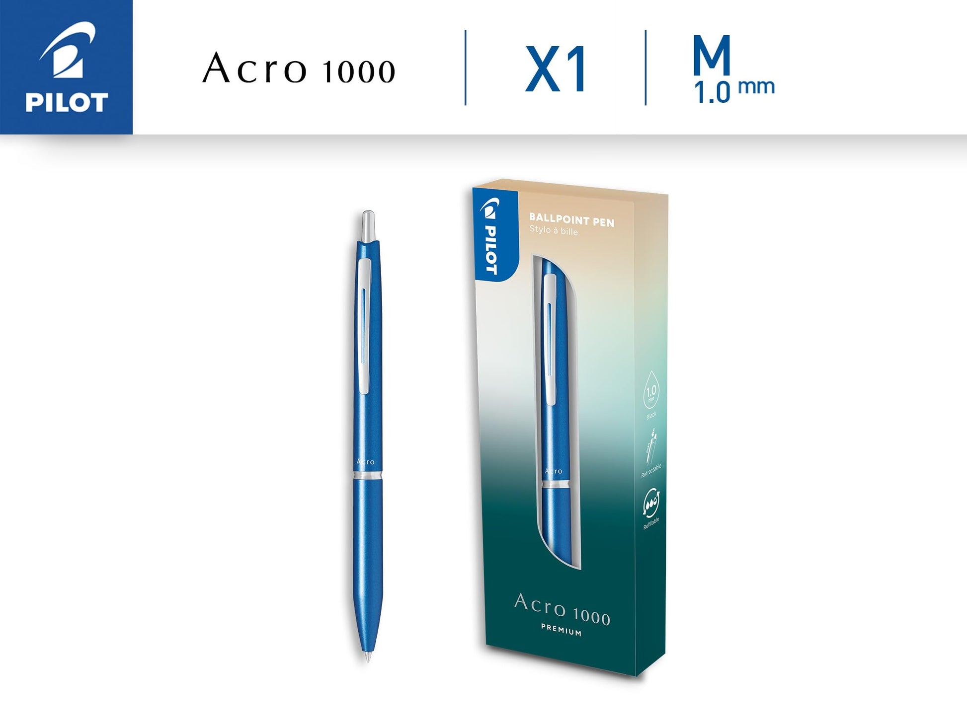 Pilot - Premium Acro 1000 Sky Blue ballpoint pen in gift box - Ultra soft ink for unparalleled