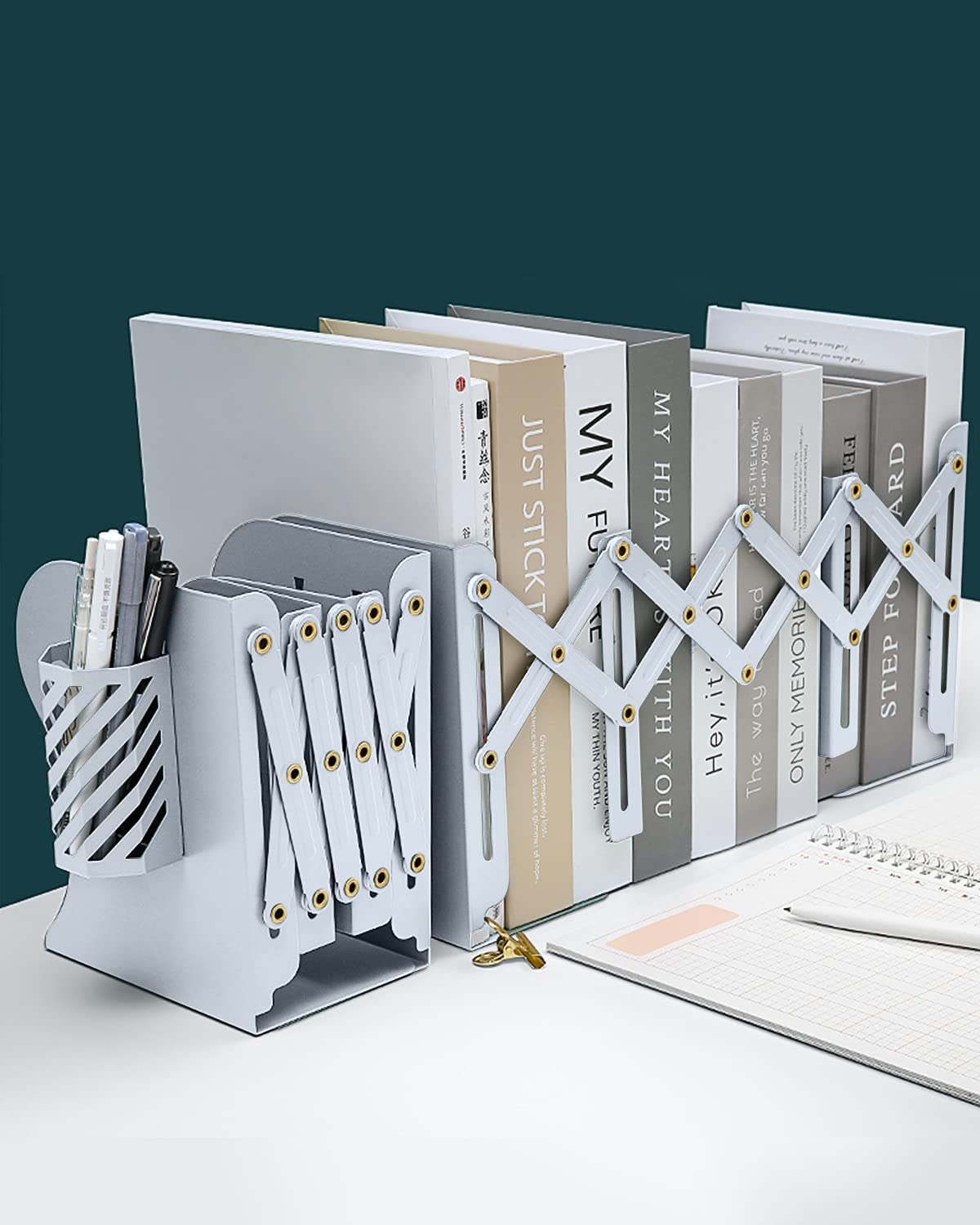 MSDADA Adjustable Bookends, Metal Book Ends for Heavy Books, Expandable Book Organizer with Pen