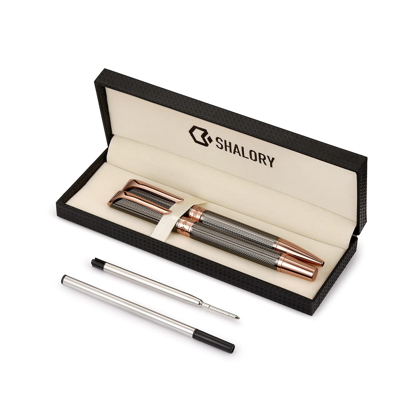 SHALORY Ballpoint and Rollerball Pen Set, Stylish Line Engraved Metal Pen Elegant Smooth Writing
