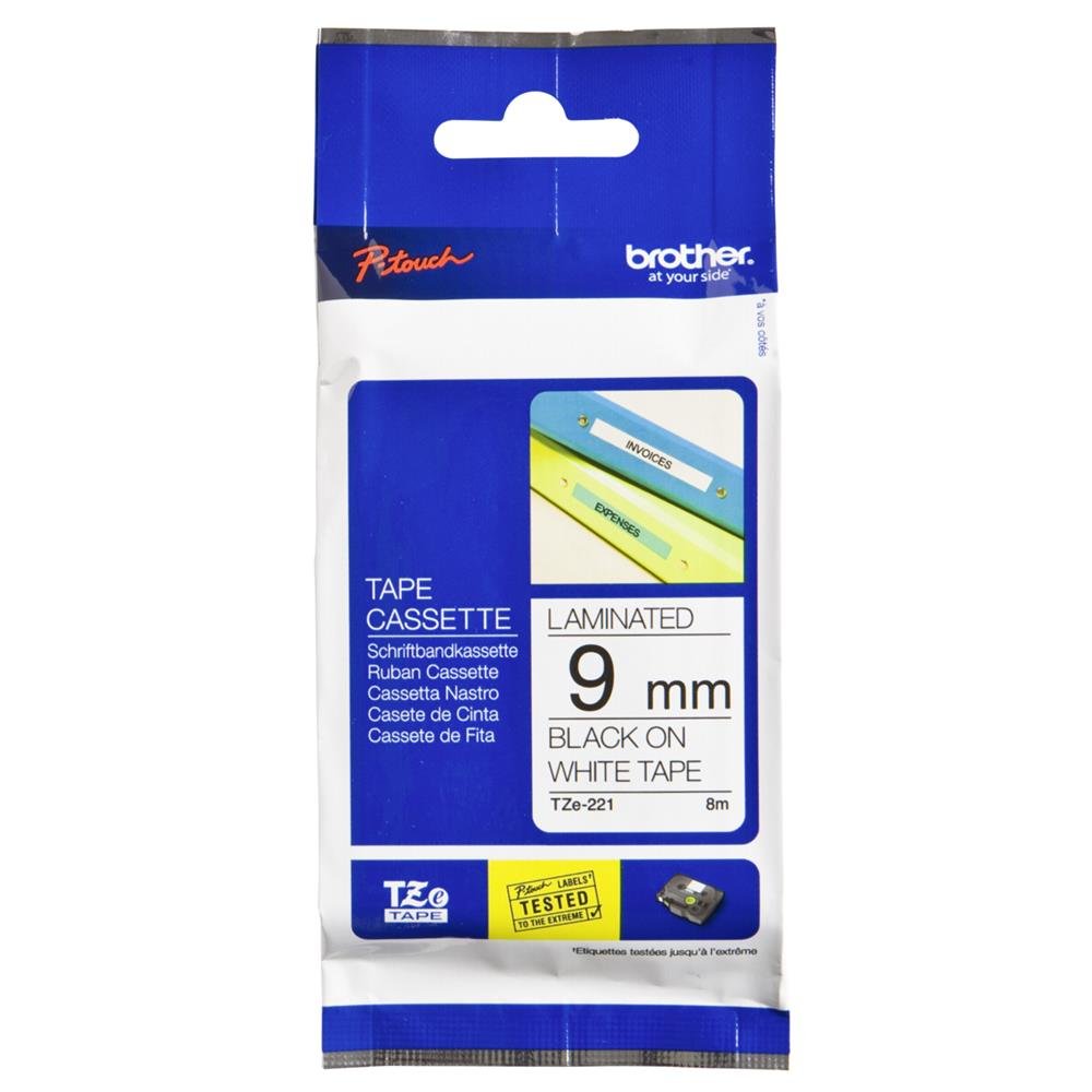 Brother 3/8 Inch x 26.2 Feet Black on White for P-Touch (TZ221)