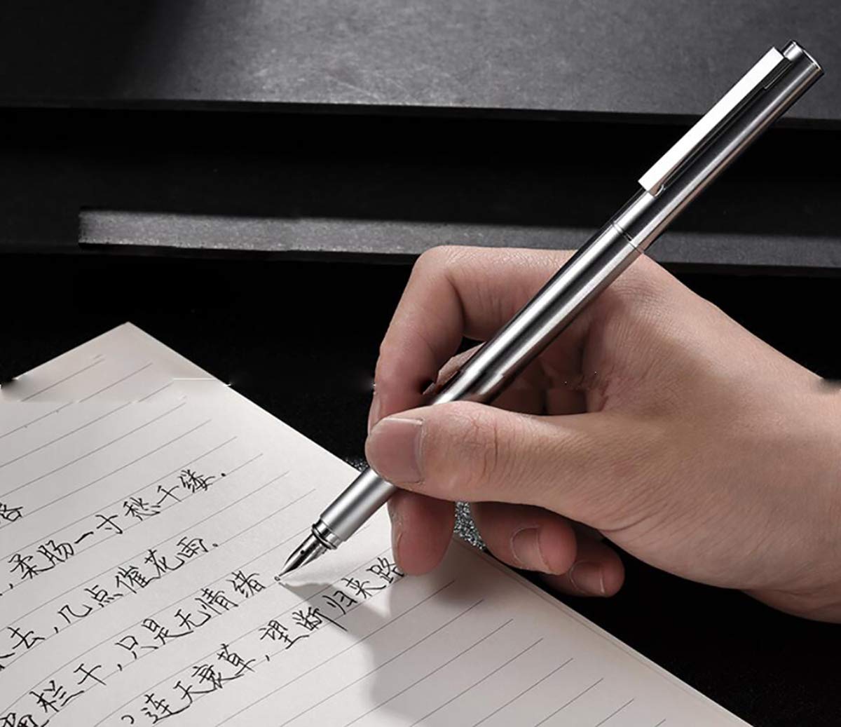 Hongdian 516 Stainless Steel Fountain Pen Fine Nib, Classic Design with Converter and Pen Pouch