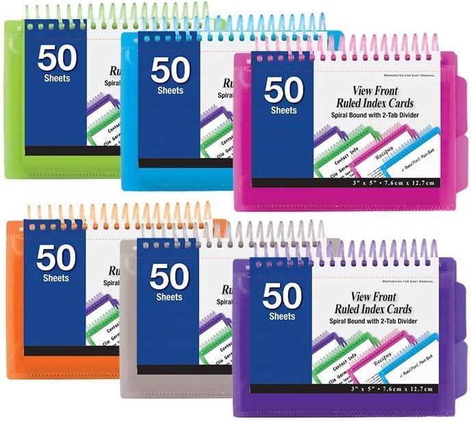 6 Pk 50 Sheets View Poly Spiral Bound 3" X 5" Ruled White Index Card With 2-Tab Divider