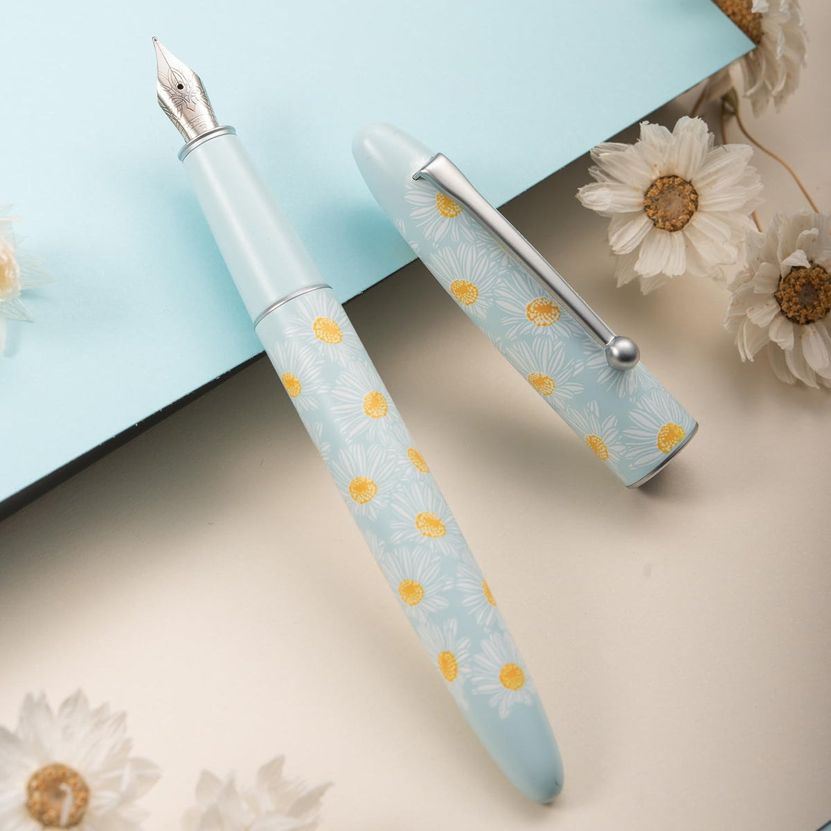 HONG DIAN C3 Fountain Pen, Iridium Fine Soft Nib Chinese Knot Carving, Light Blue & Little Daisy