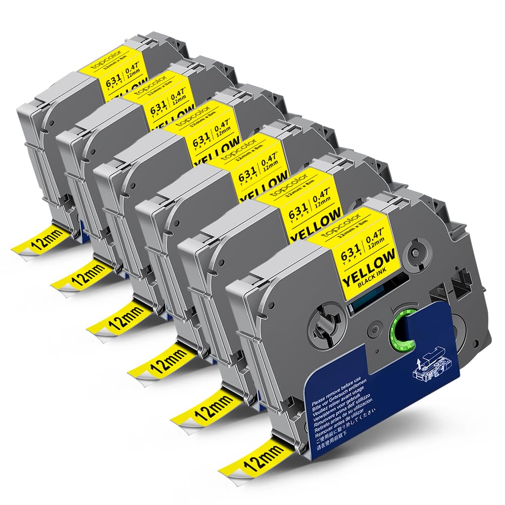 6-Pack Compatible for Brother Tze-631 12mm 1/2" Black on Yellow Label Tape