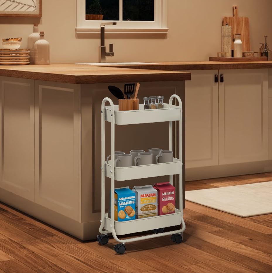SunnyPoint Slim Rolling Storage Cart, 3 Tier Bathroom Storage Organizer Bathroom, Laundry Utility