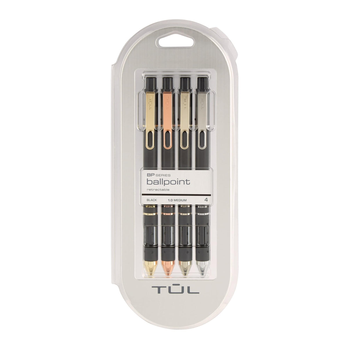 TUL® BP Series Retractable Ballpoint Pens, Mixed Metals, Medium Point, 1.0 mm, Black Barrel, Black