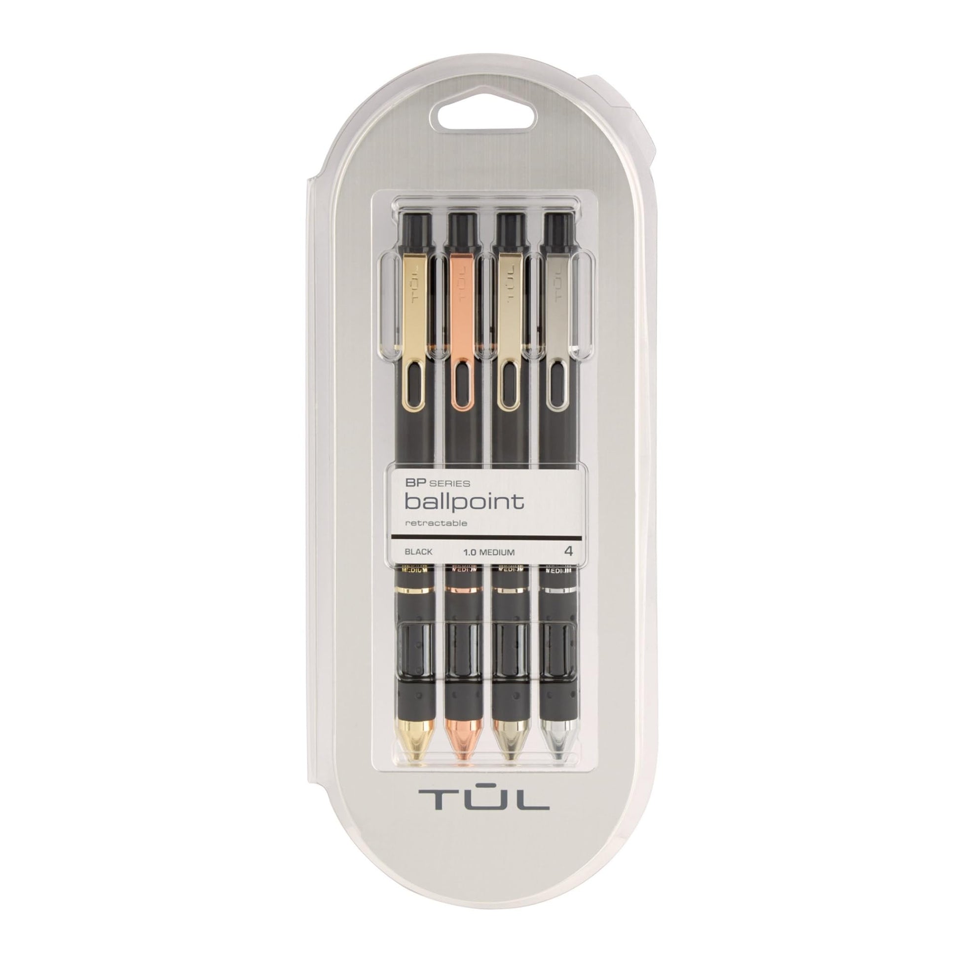 TUL® BP Series Retractable Ballpoint Pens, Mixed Metals, Medium Point, 1.0 mm, Black Barrel, Black