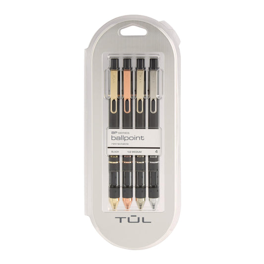 TUL® BP Series Retractable Ballpoint Pens, Mixed Metals, Medium Point, 1.0 mm, Black Barrel, Black