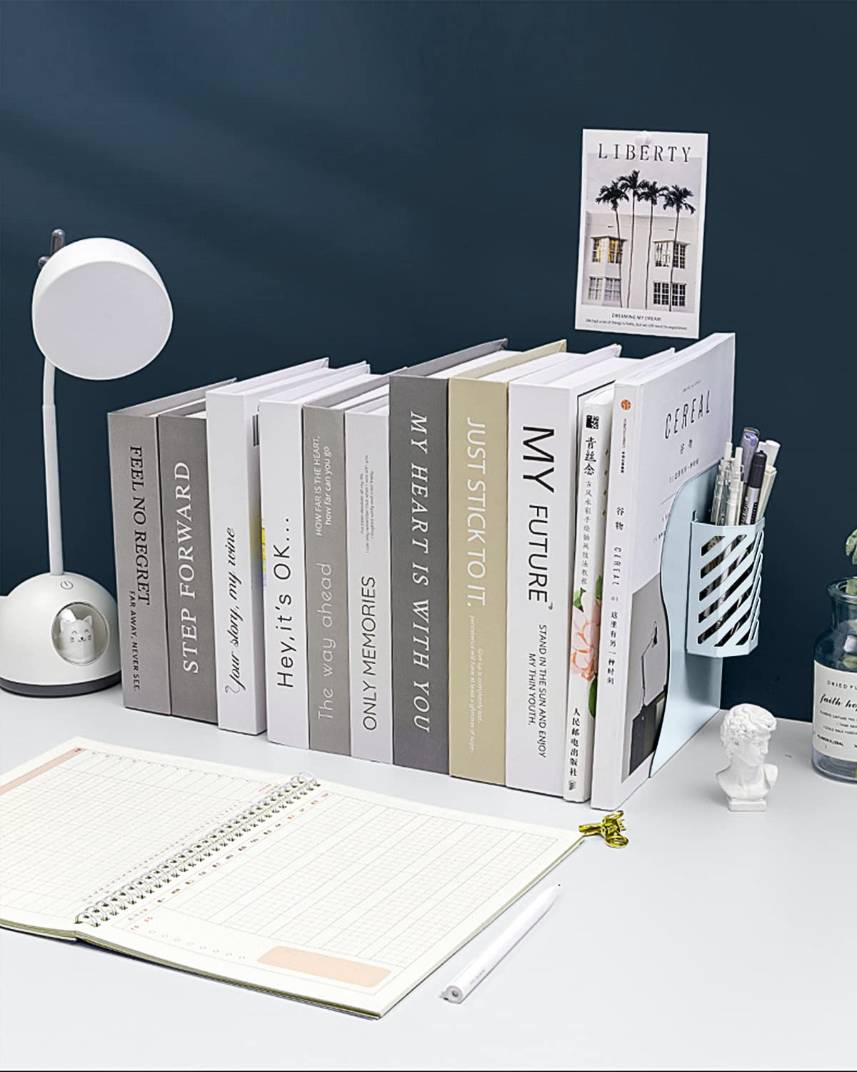 MSDADA Adjustable Bookends, Book Ends for Heavy Books, Expandable Book Organizer with Pen Holder