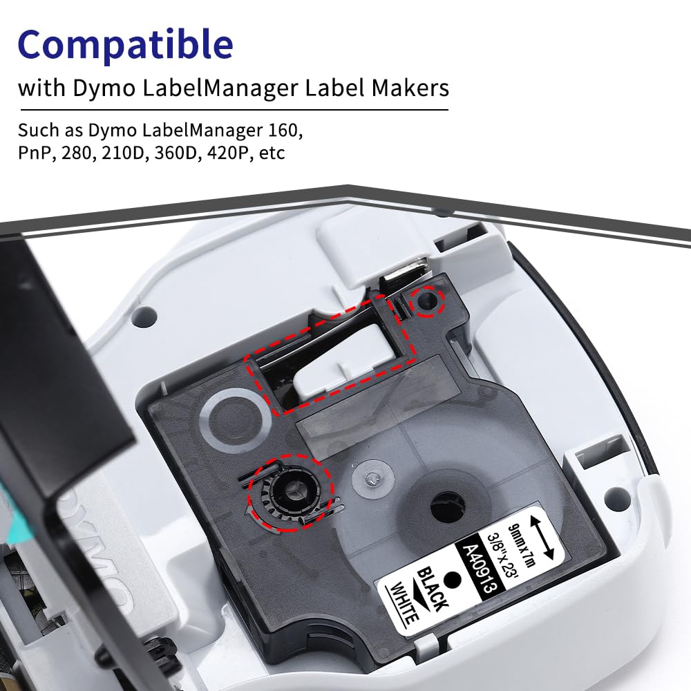 6-Pack Compatible Dymo 41913 (40913) 3/8" D1 Label Tape Black on White 9mm