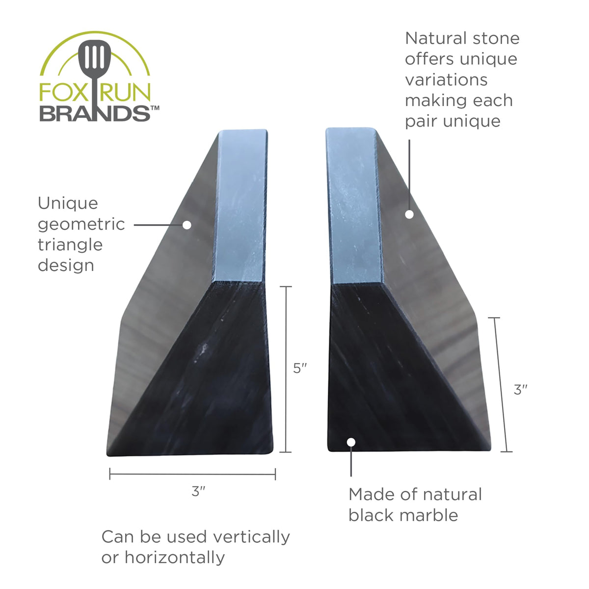 Fox Run 100% Natural Polished Marble Bookends, Black, Set of 2, Smaller Triangular