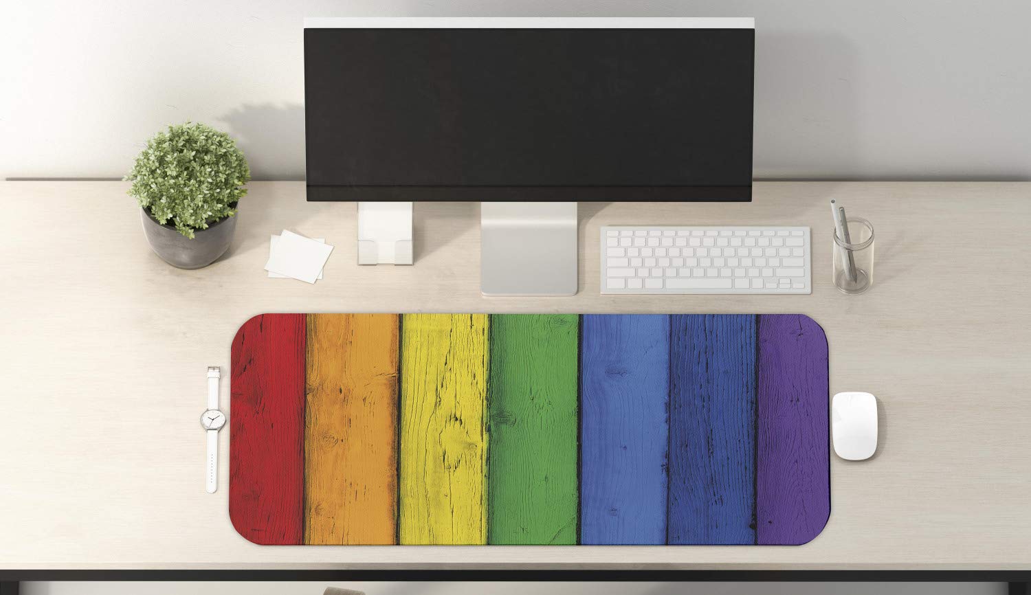 Lunarable Fence Computer Mouse Pad, Vertical Wooden Planks Painted in Colorful Rainbow Theme Gay