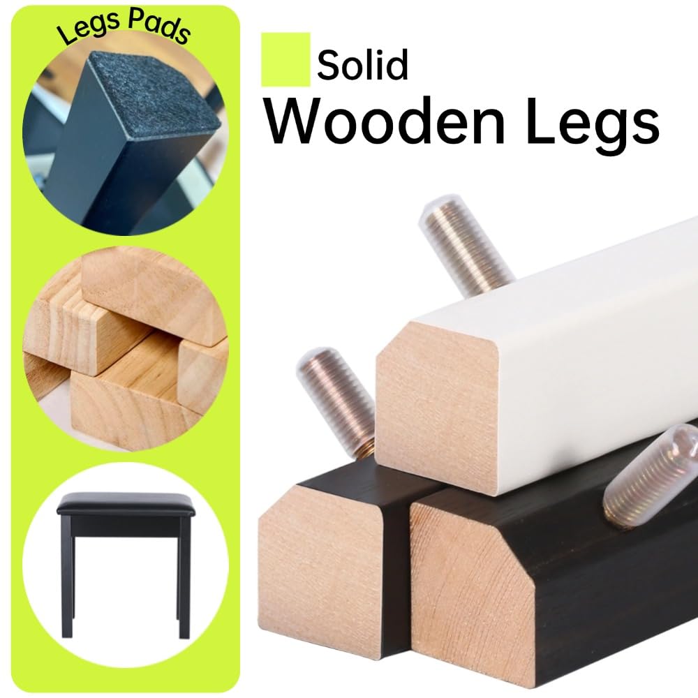Sanpuli Solid Wood Piano Bench with Storage, Piano Stool and Padded Cushion, Keyboard Bench with