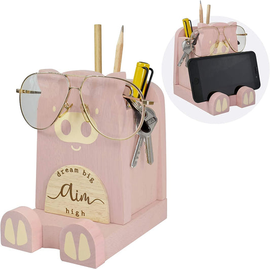 Wood Multipurpose Eyeglass Phone Pen & Pig Pencil Holder Stand Stationery Desk Box Organizer