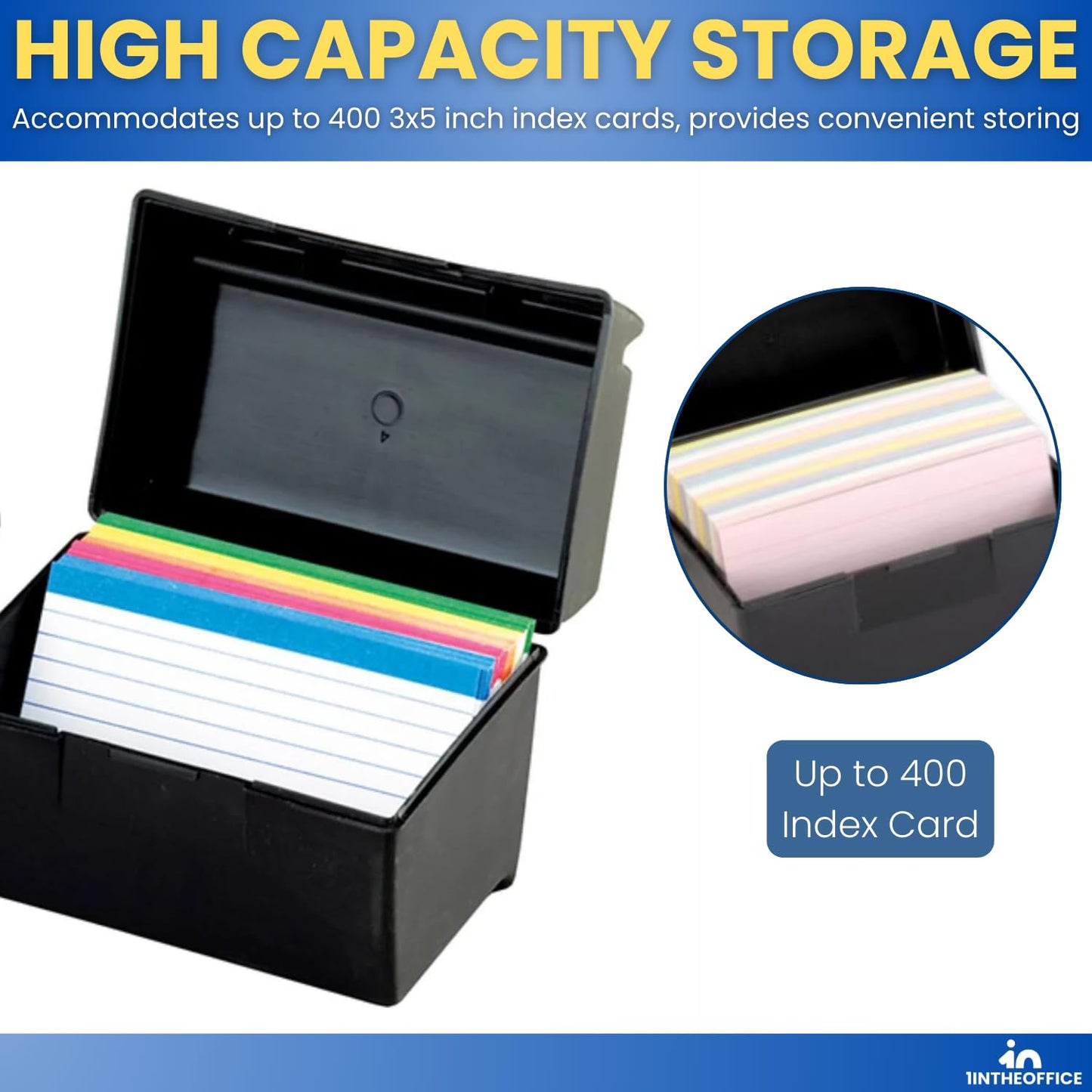 1InTheOffice Index Card Box 4x6, 400 Capacity & Index Card Guide Set, A-Z, 1/5 Tab