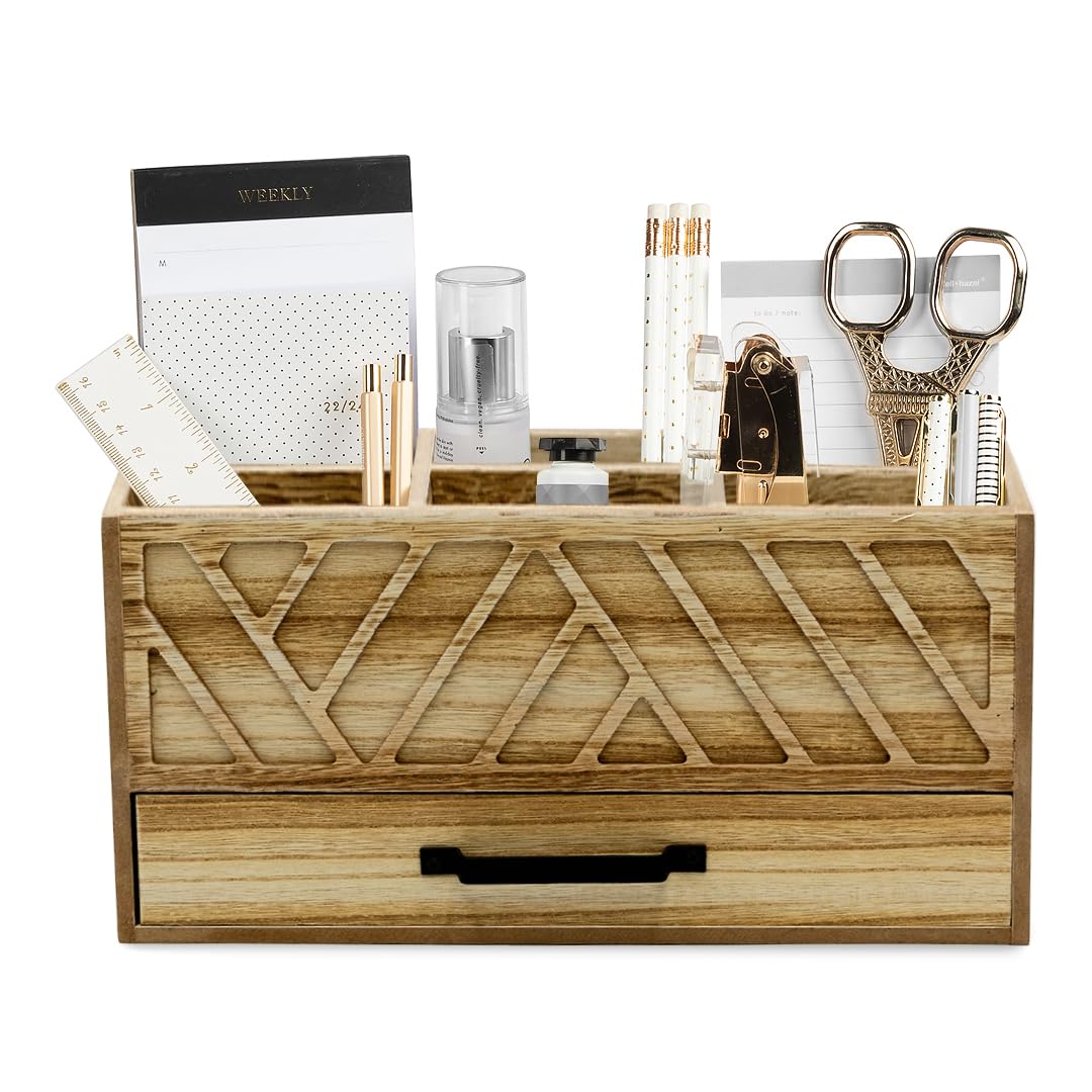 BLU MONACO Natural Wood Desktop Pen Organizer with Drawer - Stylish and Versatile Pen Holder and