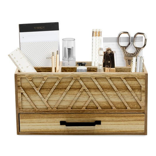 BLU MONACO Natural Wood Desktop Pen Organizer with Drawer - Stylish and Versatile Pen Holder and