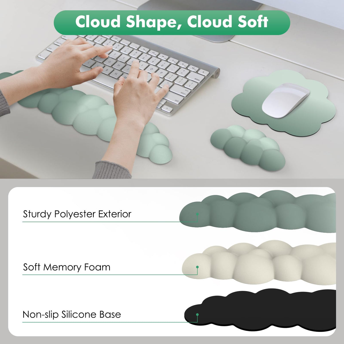MoKo Cloud Wrist Rest for Keyboard and Mouse with Mouse Pad, Green