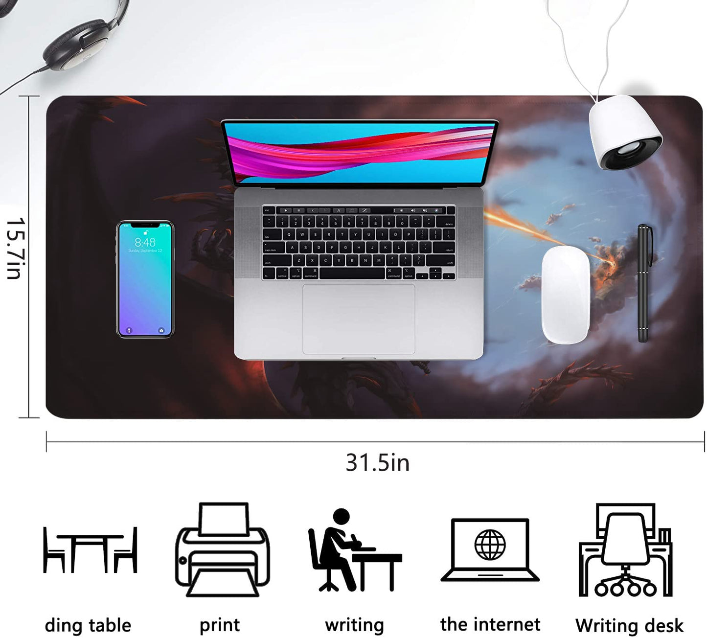 Extended Large Gaming Mouse Pad Cool Dragon Flame XXL Size Keyboard Mouse Mat Desk Pad with Non
