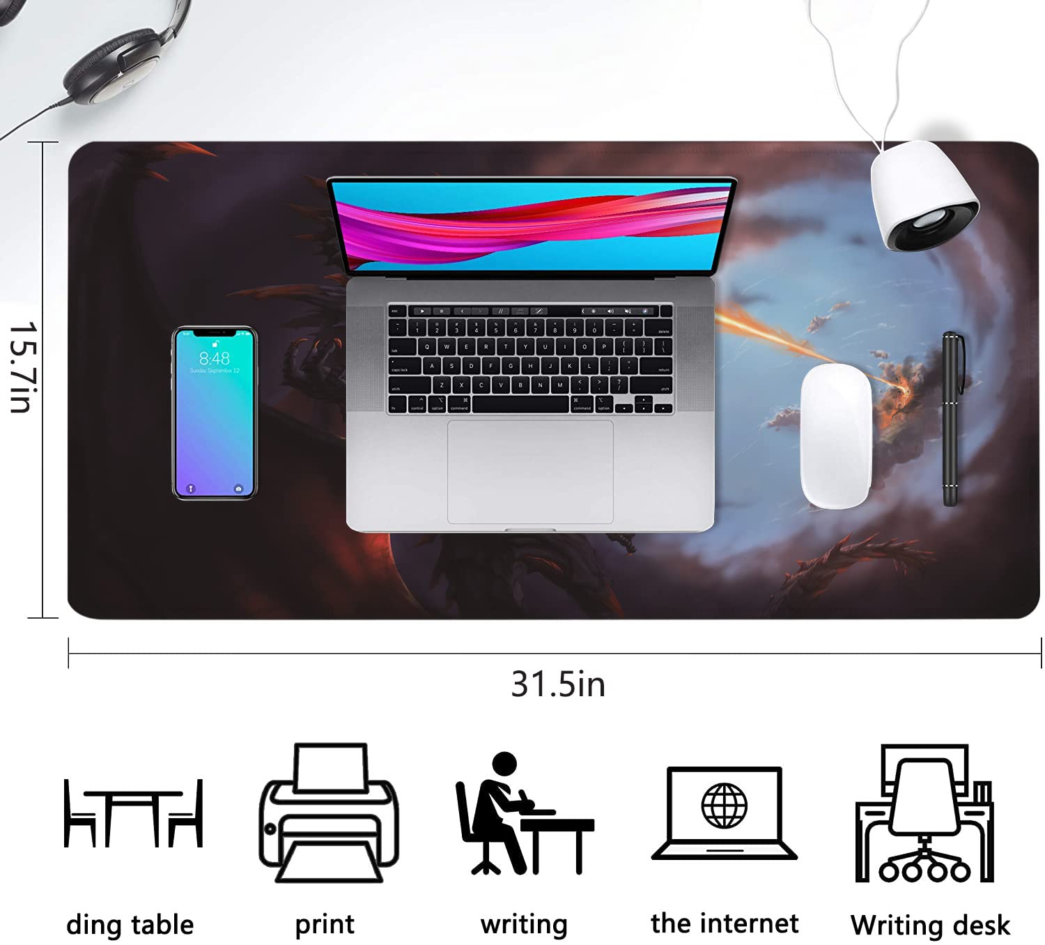 Extended Large Gaming Mouse Pad Cool Dragon Flame XXL Size Keyboard Mouse Mat Desk Pad with Non