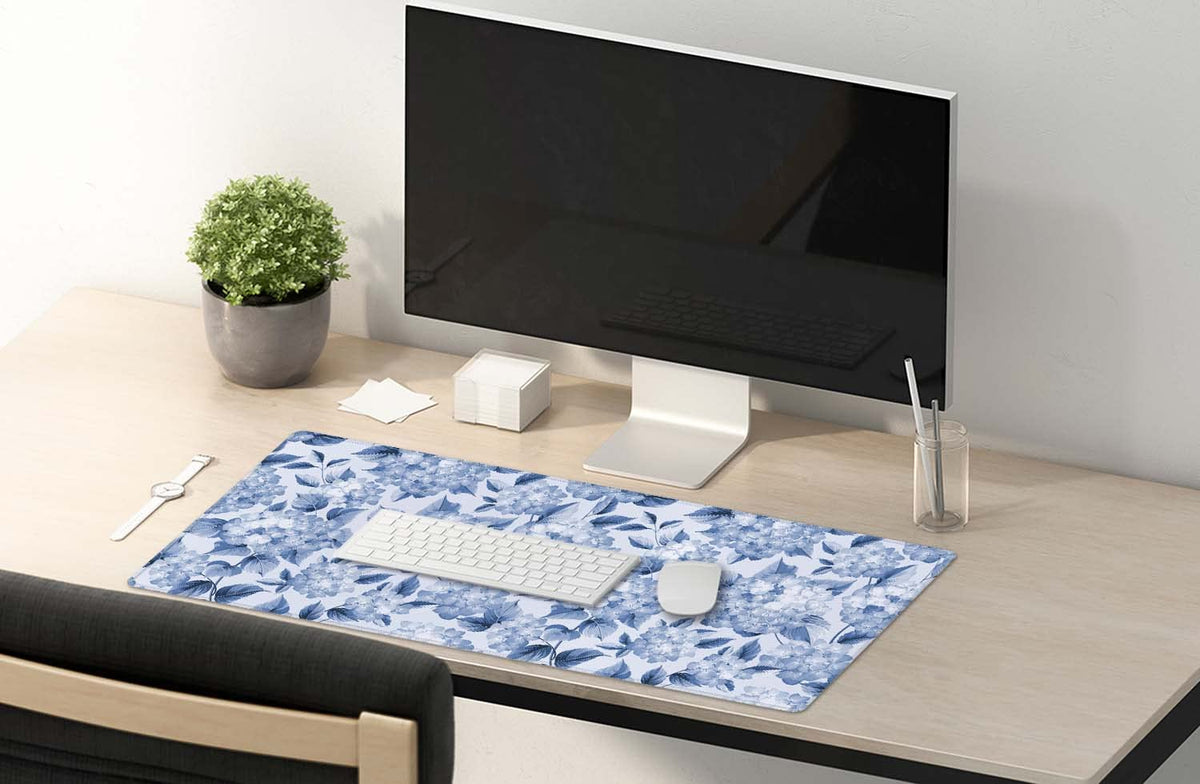 SSOIU Blue Hydrangea Flowers Desk Mat, Floral Large Aesthetic Mouse Pad 35.5" X 15.7", Waterproof