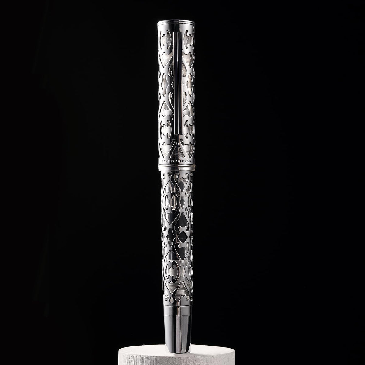 HONG DIAN D1 Piston Fountain Pen Fine Nib, Hollow Skeleton & Resin with Metal Case Set (Silver)