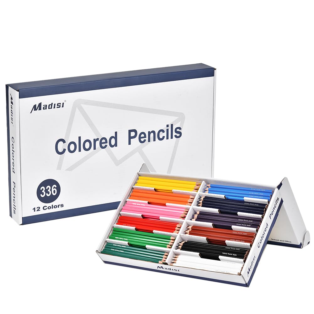Madisi Colored Pencils Bulk, Pre-Sharpened, 12 Assorted Colors, 336 Pack