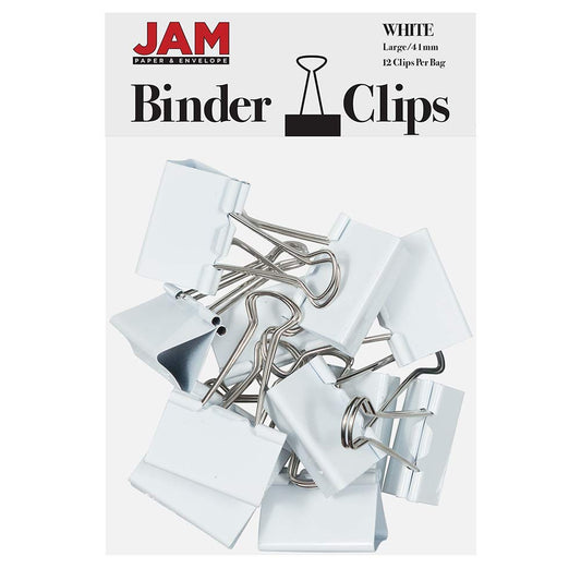 JAM PAPER Colorful Binder Clips - Large - 1 1/2 Inch (41 mm) - White Binderclips - 12/Pack
