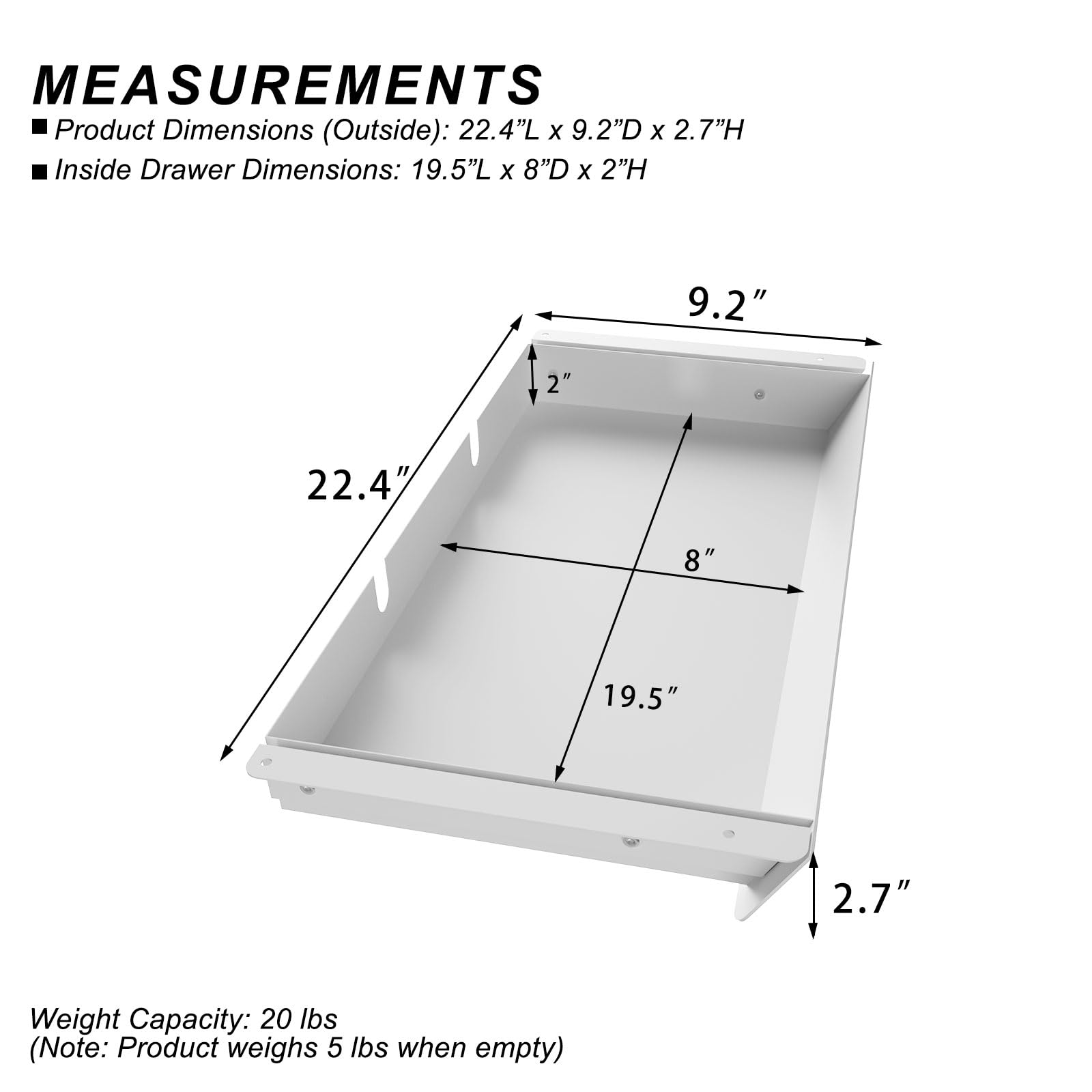 Gaxomo White Large Under Desk Mounted Sliding Drawer with 2 Cable Hole and 60 Degree Tilt Panel to