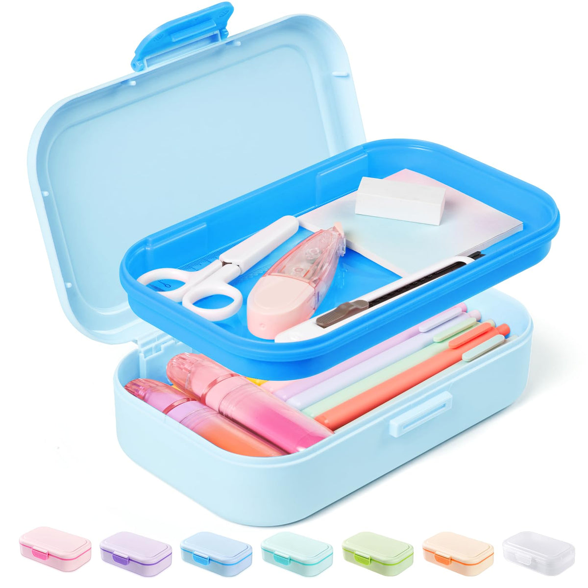 Sooez Double Layer Pencil Box, Plastic Pencil Case with Latch, Hard School Supply Box for Girls