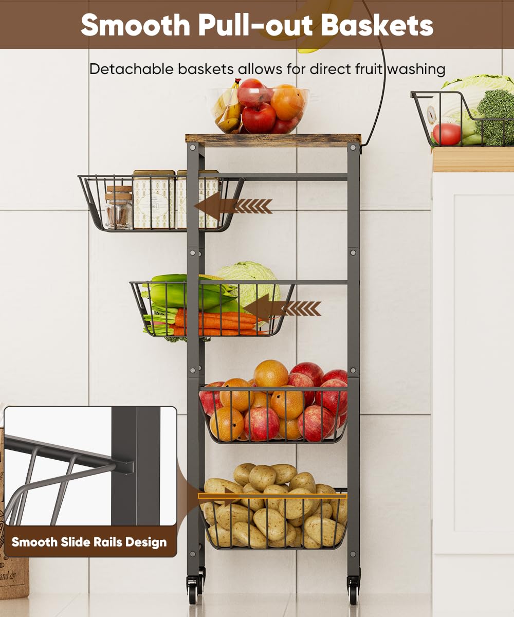 Tigerden Fruit Vegetable Storage Cart for Kitchen, 5-Tier Vegetable Stand Rack with Pull-Out Fruit