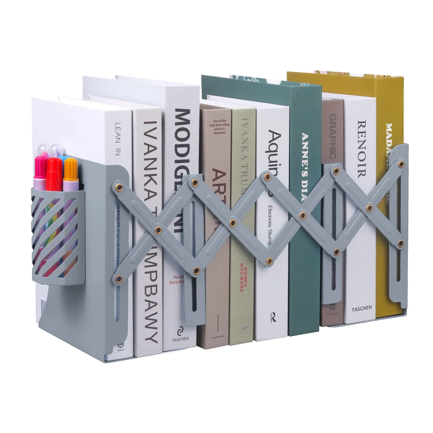 MSDADA Adjustable Bookends, Book Ends for Heavy Books, Expandable Book Organizer with Pen Holder