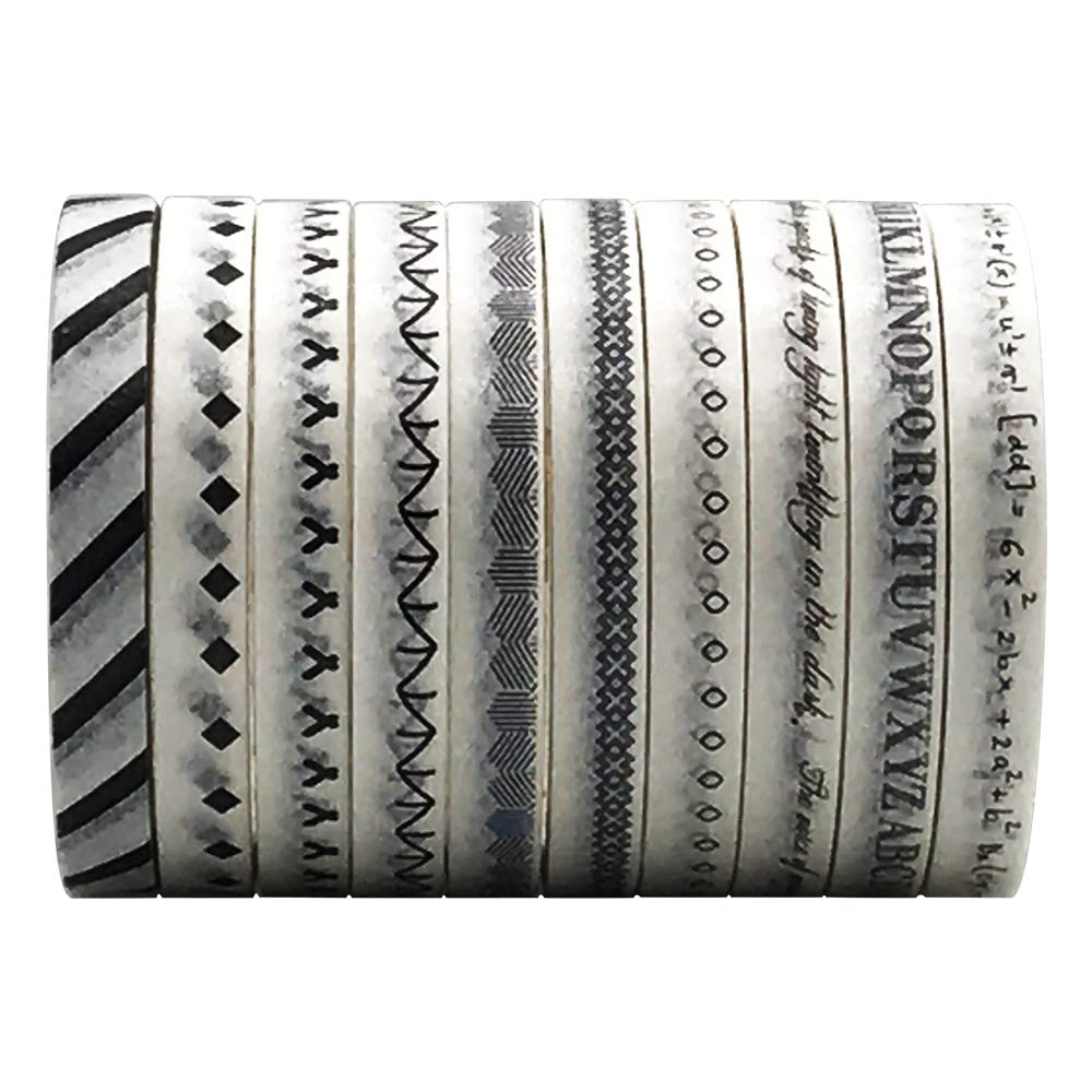 ZMLSED 5mm Wide Slim Washi Tapes Set,10 Rolls Minimalist Black White Style Japanese Masking
