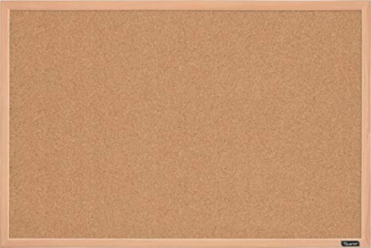 Quartet Cork Board Bulletin Board, 23" x 35" Framed Corkboard, Oak Frame, Decorative Hanging Pin
