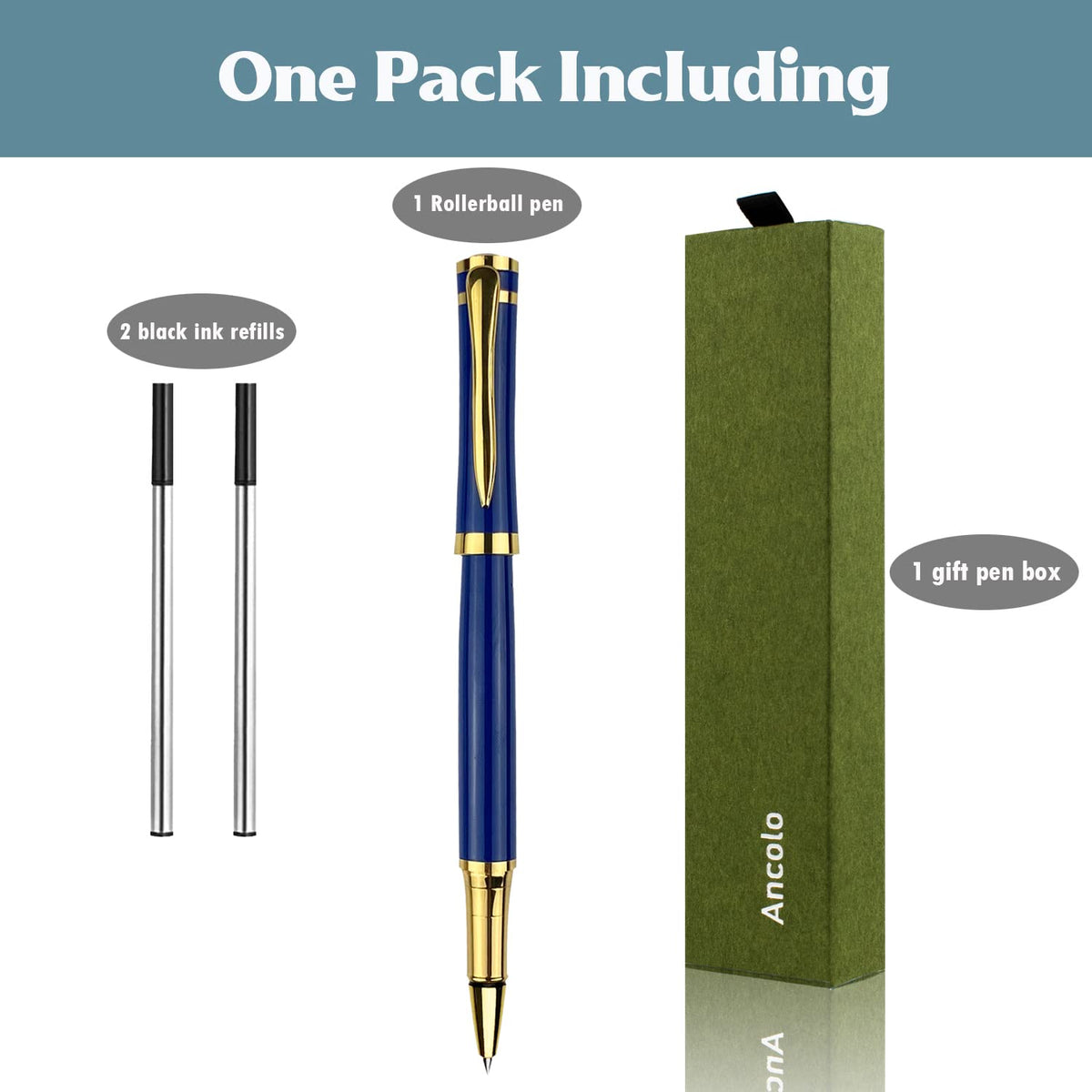 Ancolo Fancy Roller Pen Set. Luxury Roller ball Pen with 2 Black Ink Refills - 0.7 mm. Nice Gift